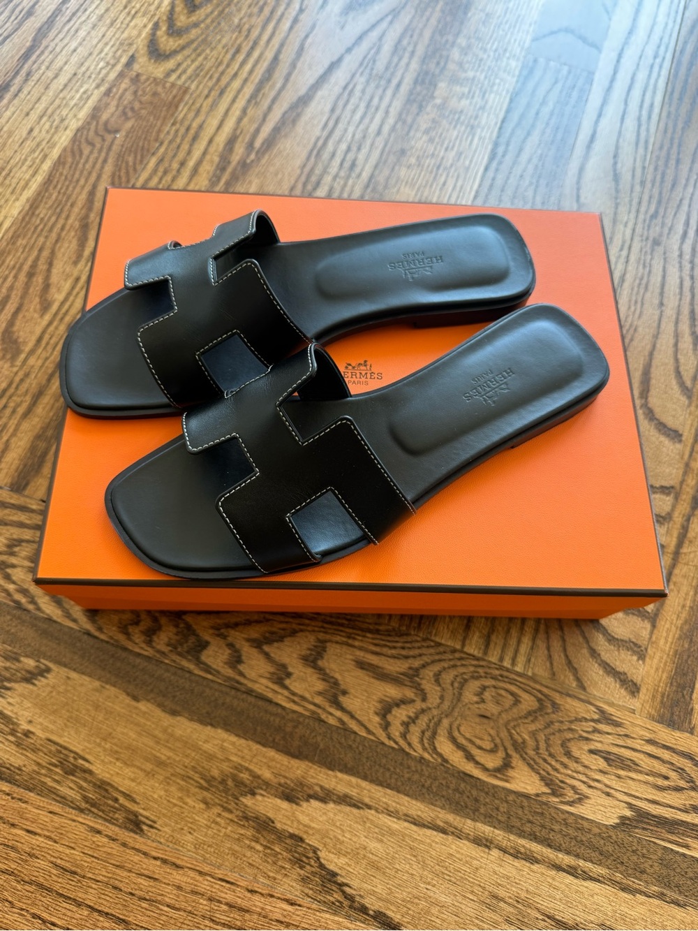 Authentic Hermes Black Oran Slide Sandals 38.5